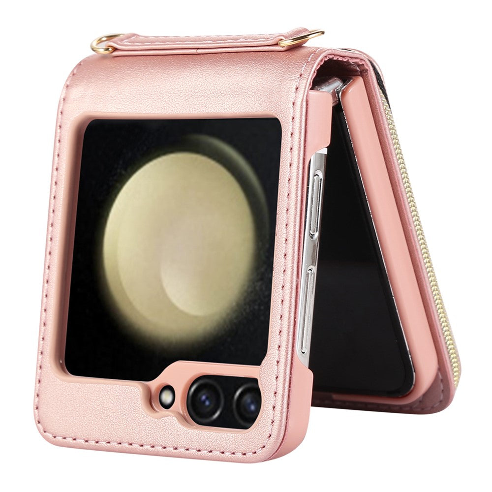 For Samsung Galaxy Z Flip5 5G Case Leather+PC Zipper Phone Cover with Wrist Strap