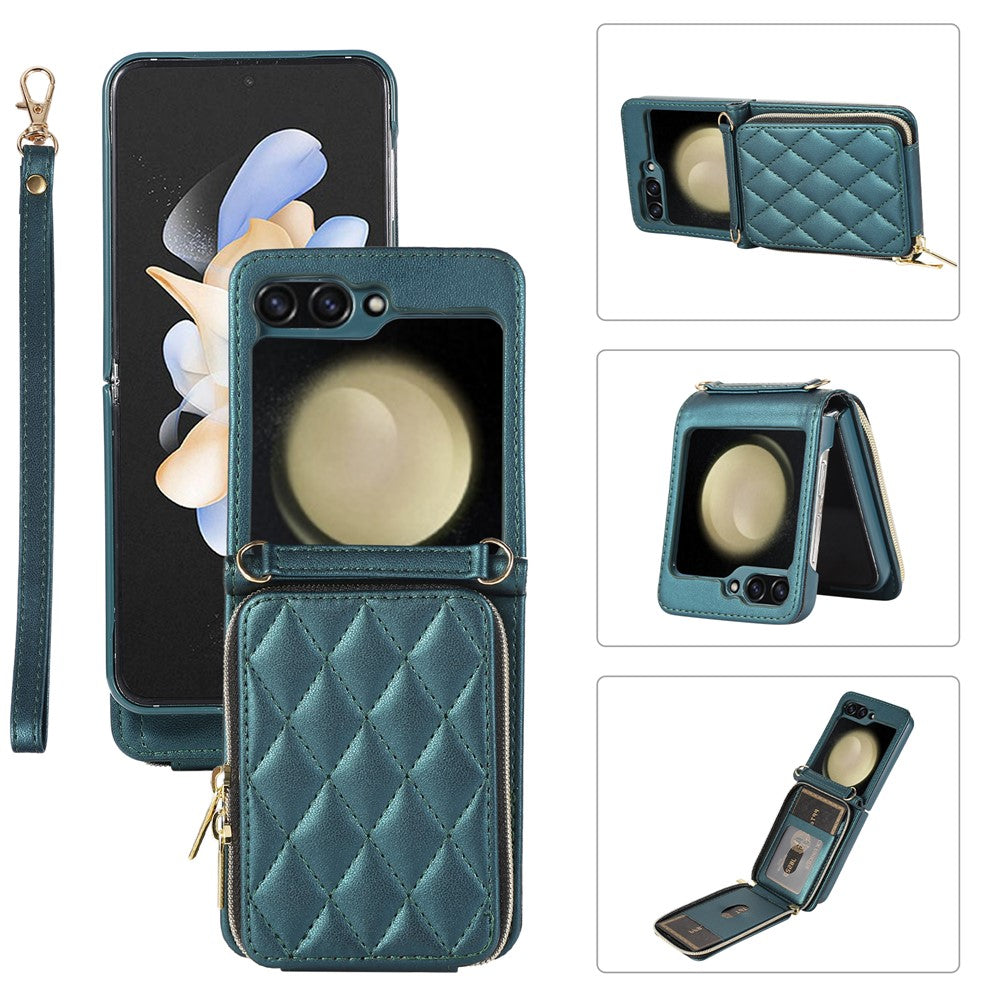 For Samsung Galaxy Z Flip5 5G Case Leather+PC Zipper Phone Cover with Wrist Strap