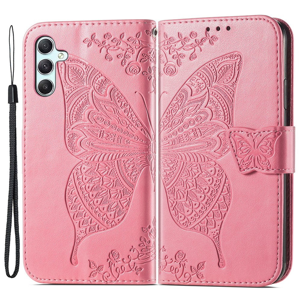 Läderfodral med fjärilstryck och handledsrem för Samsung Galaxy A35 5G