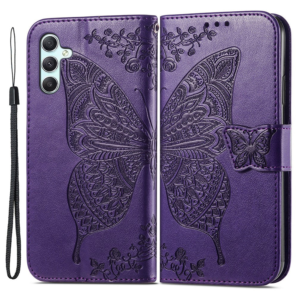 For Samsung Galaxy A35 5G Leather Case Butterfly Imprinted Phone Cover with Wrist Strap