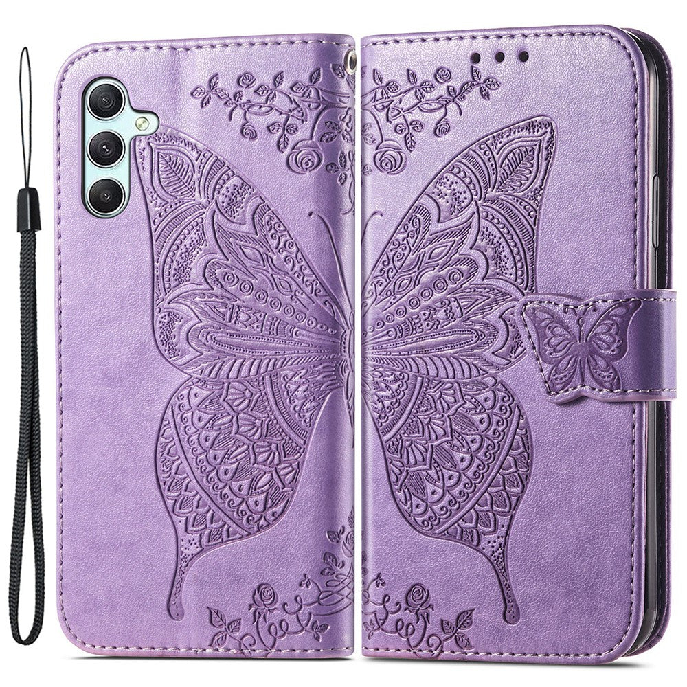 Läderfodral med fjärilstryck och handledsrem för Samsung Galaxy A35 5G