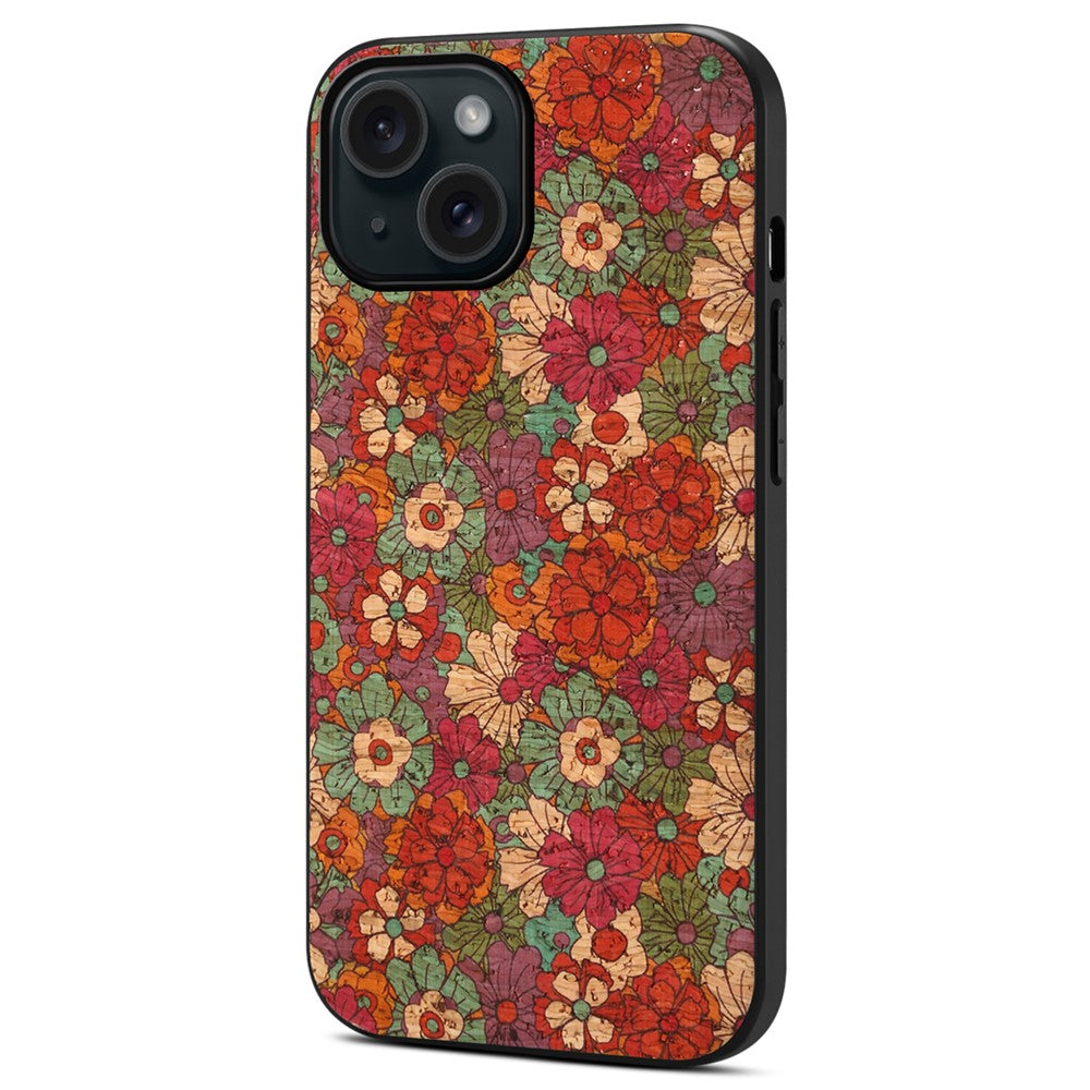 Läderfodral med blommönster och smalt TPU+PC-skal för iPhone 15