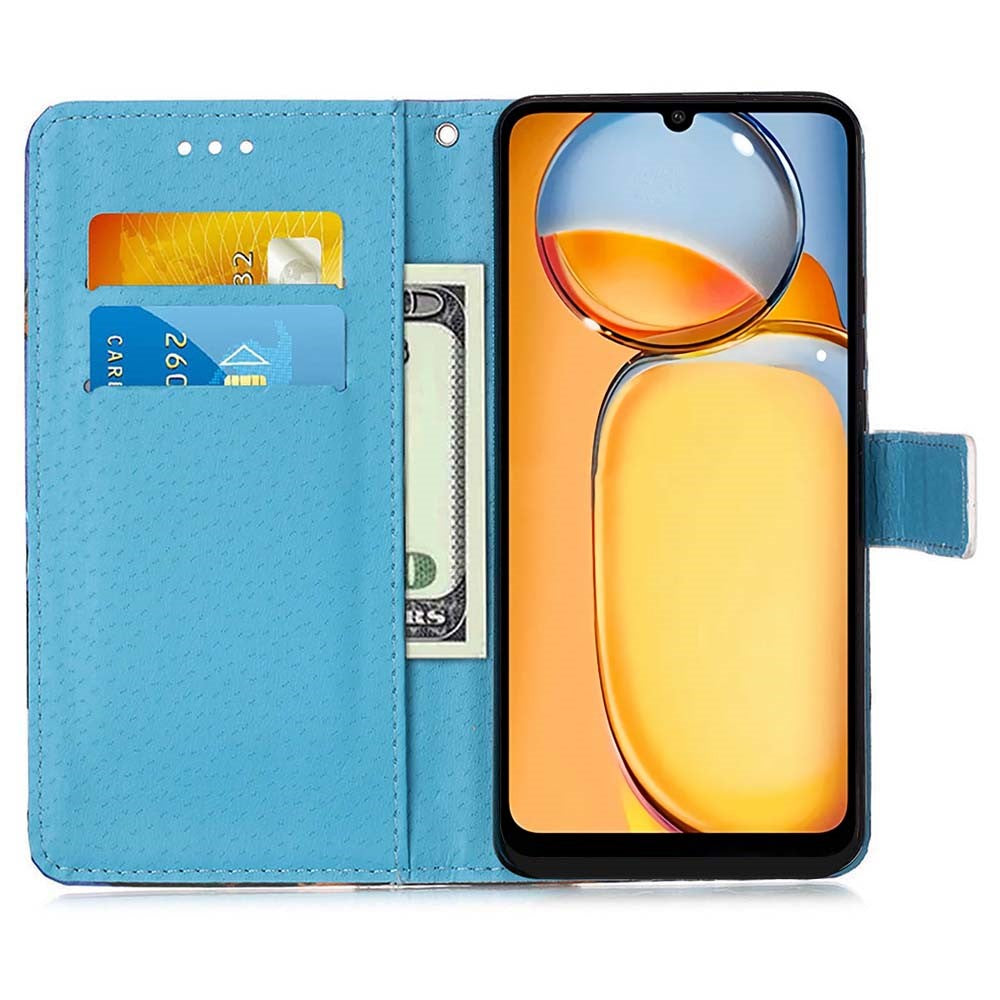 For Xiaomi Redmi A3 / Poco C61 4G Leather Case with Strap and Card Holder Pattern Printing Phone Stand Cover