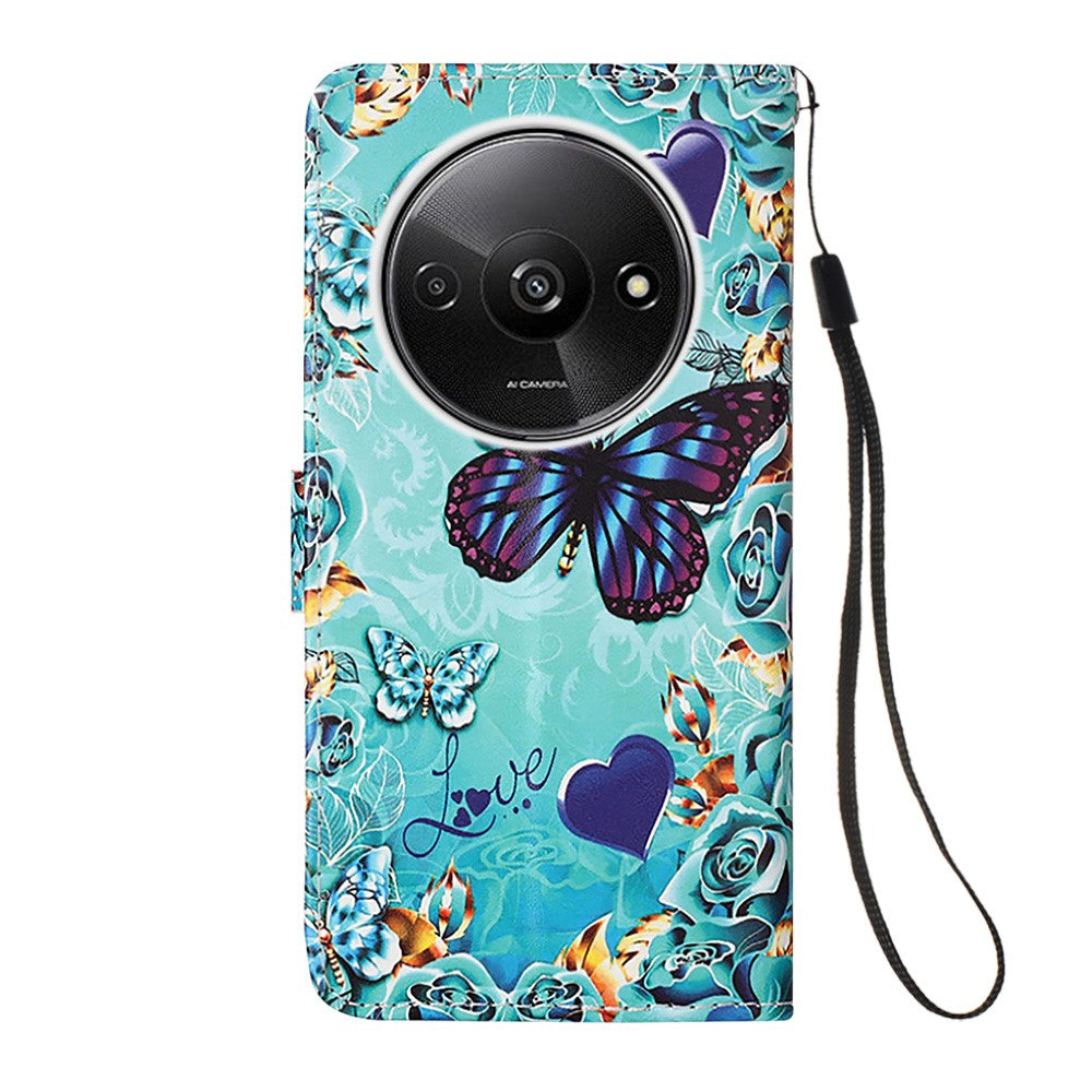 For Xiaomi Redmi A3 / Poco C61 4G Leather Case with Strap and Card Holder Pattern Printing Phone Stand Cover