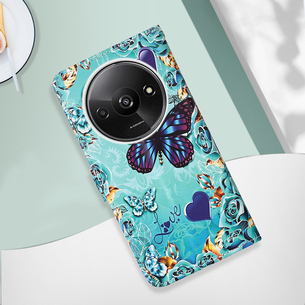 For Xiaomi Redmi A3 / Poco C61 4G Leather Case with Strap and Card Holder Pattern Printing Phone Stand Cover