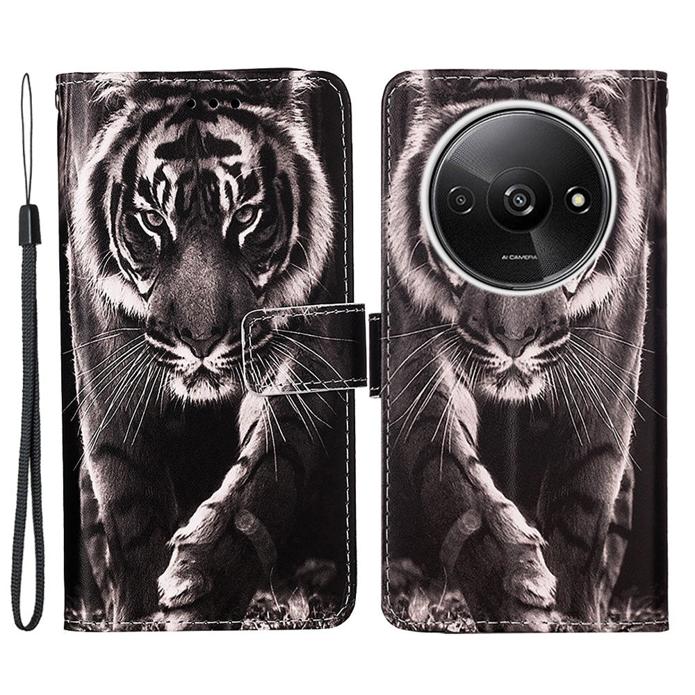 For Xiaomi Redmi A3 / Poco C61 4G Leather Case with Strap and Card Holder Pattern Printing Phone Stand Cover