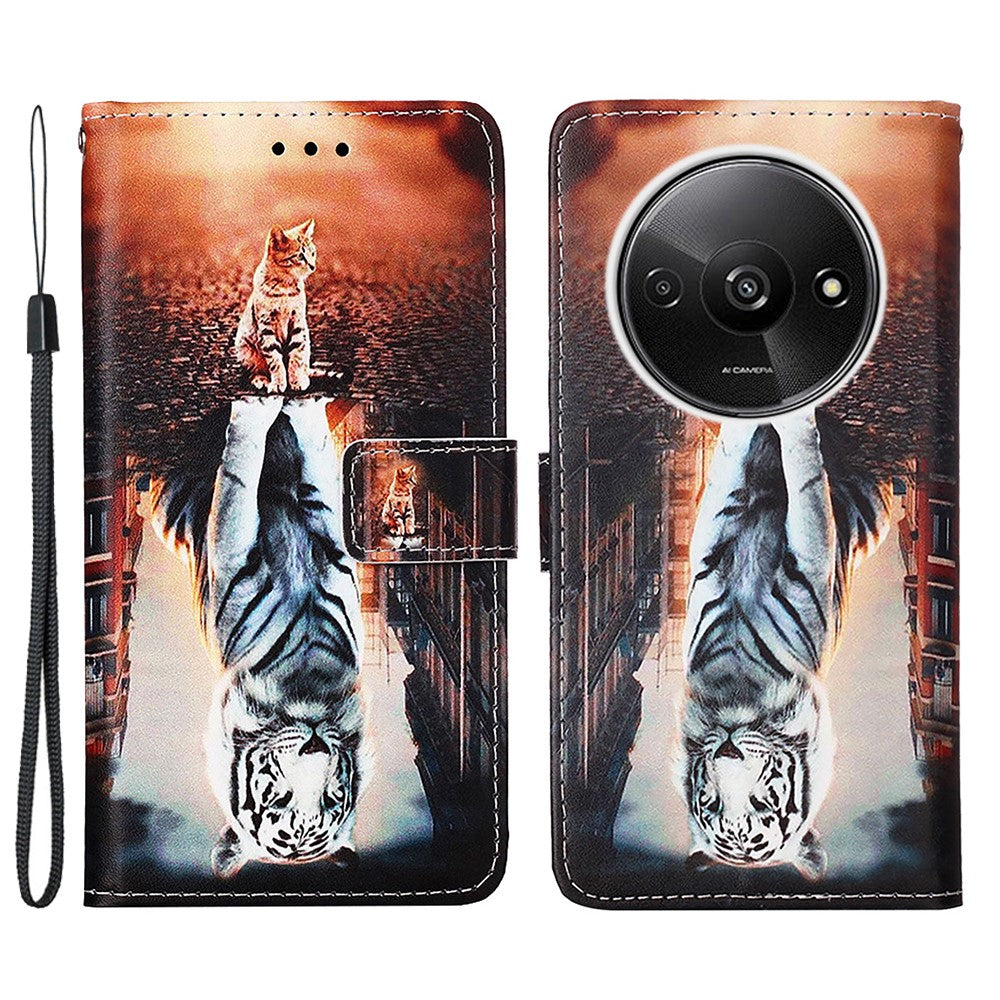 For Xiaomi Redmi A3 / Poco C61 4G Leather Case with Strap and Card Holder Pattern Printing Phone Stand Cover