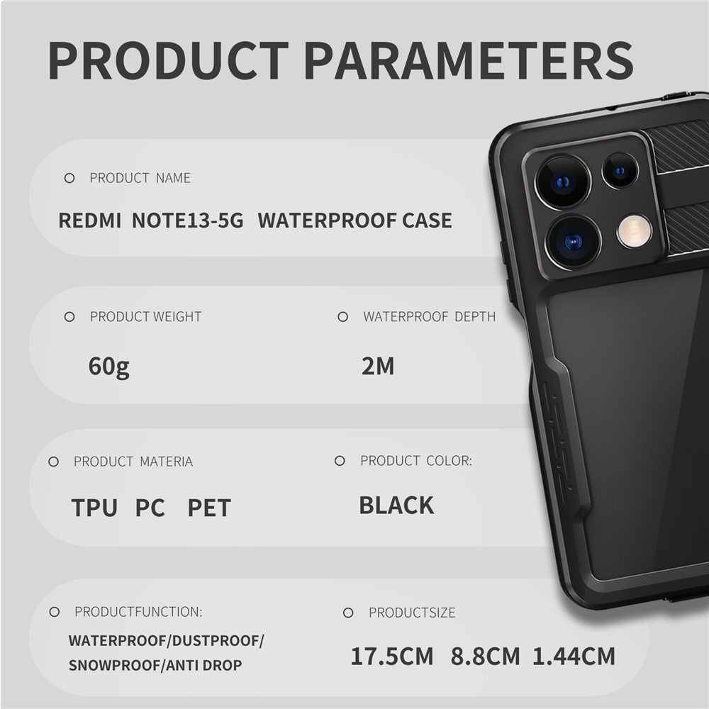 REDPEPPER A-serien för Xiaomi Redmi Note 13 5G-skal IP68 vattentätt inbyggt skärmskydd mobilfodral
