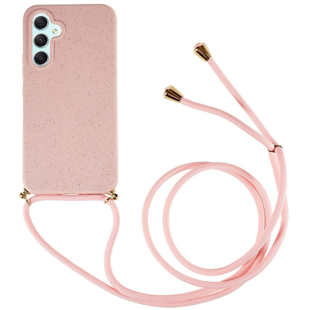 For Samsung Galaxy A35 5G Back Case Wheat Straw + TPU Shockproof Phone Cover with Adjustable Lanyard