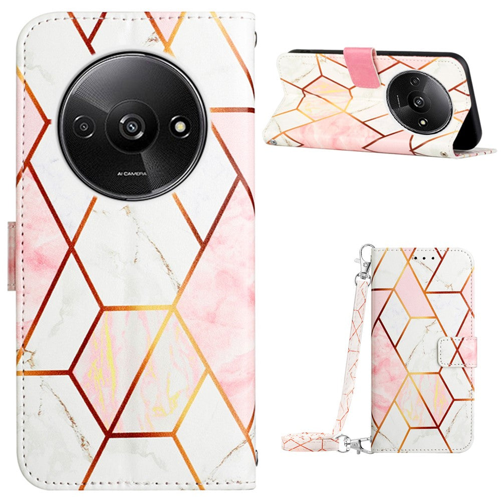For Xiaomi Redmi A3 / Poco C61 4G Leather Case with Shoulder Strap Marble Pattern Phone Stand Cover