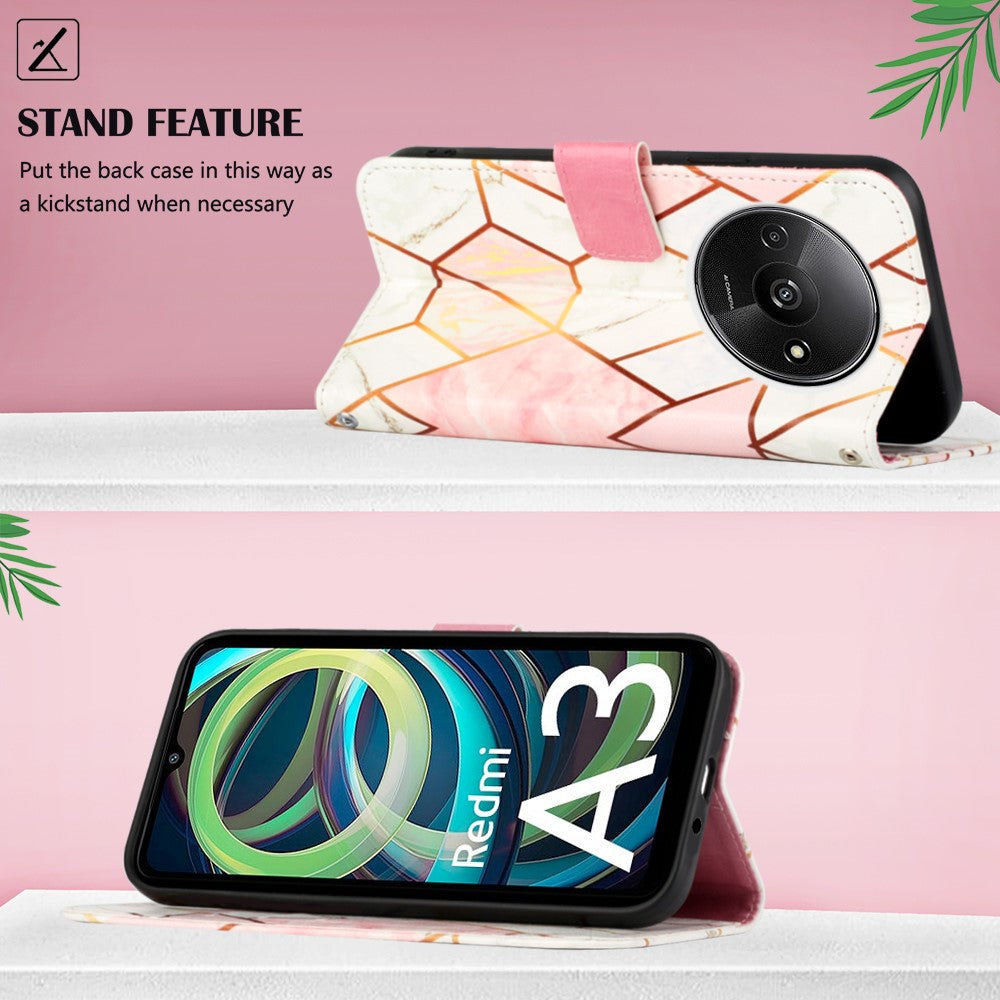 For Xiaomi Redmi A3 / Poco C61 4G Leather Case with Shoulder Strap Marble Pattern Phone Stand Cover