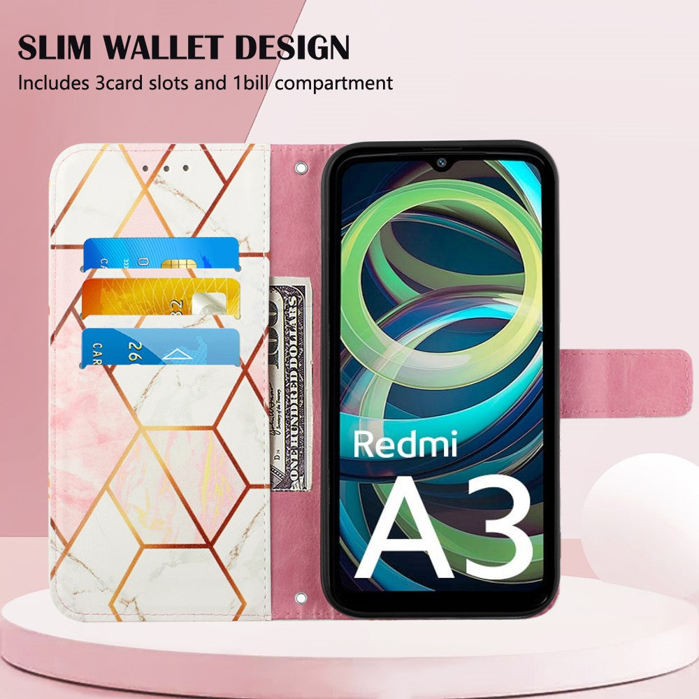 For Xiaomi Redmi A3 / Poco C61 4G Leather Case with Shoulder Strap Marble Pattern Phone Stand Cover