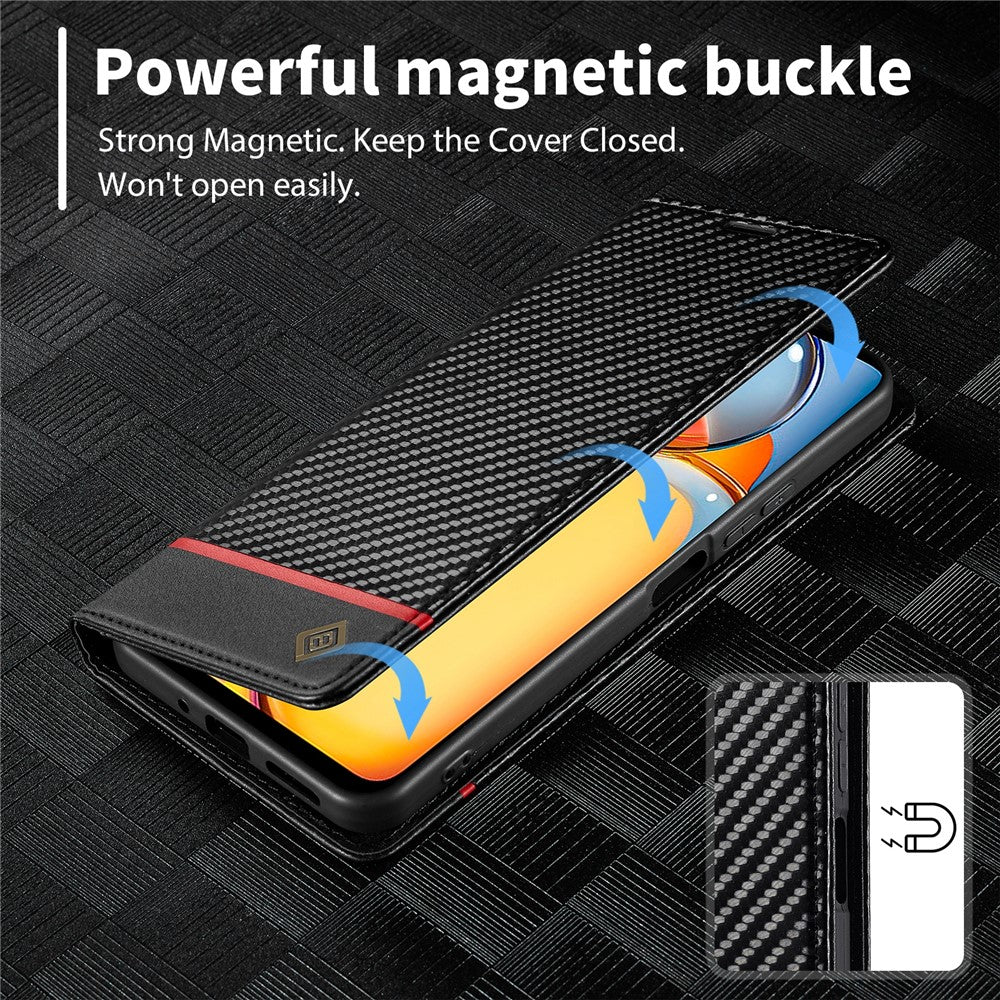 LC.IMEEKE För Xiaomi Redmi 13C 4G / 5G / 13R 5G / Poco M6 5G / Poco C65 4G Plånboksfodral PU-läder Kolfibertextur mobilskal