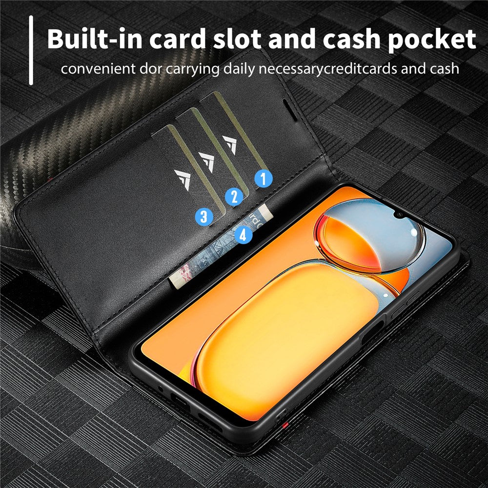 LC.IMEEKE För Xiaomi Redmi 13C 4G / 5G / 13R 5G / Poco M6 5G / Poco C65 4G Plånboksfodral PU-läder Kolfibertextur mobilskal