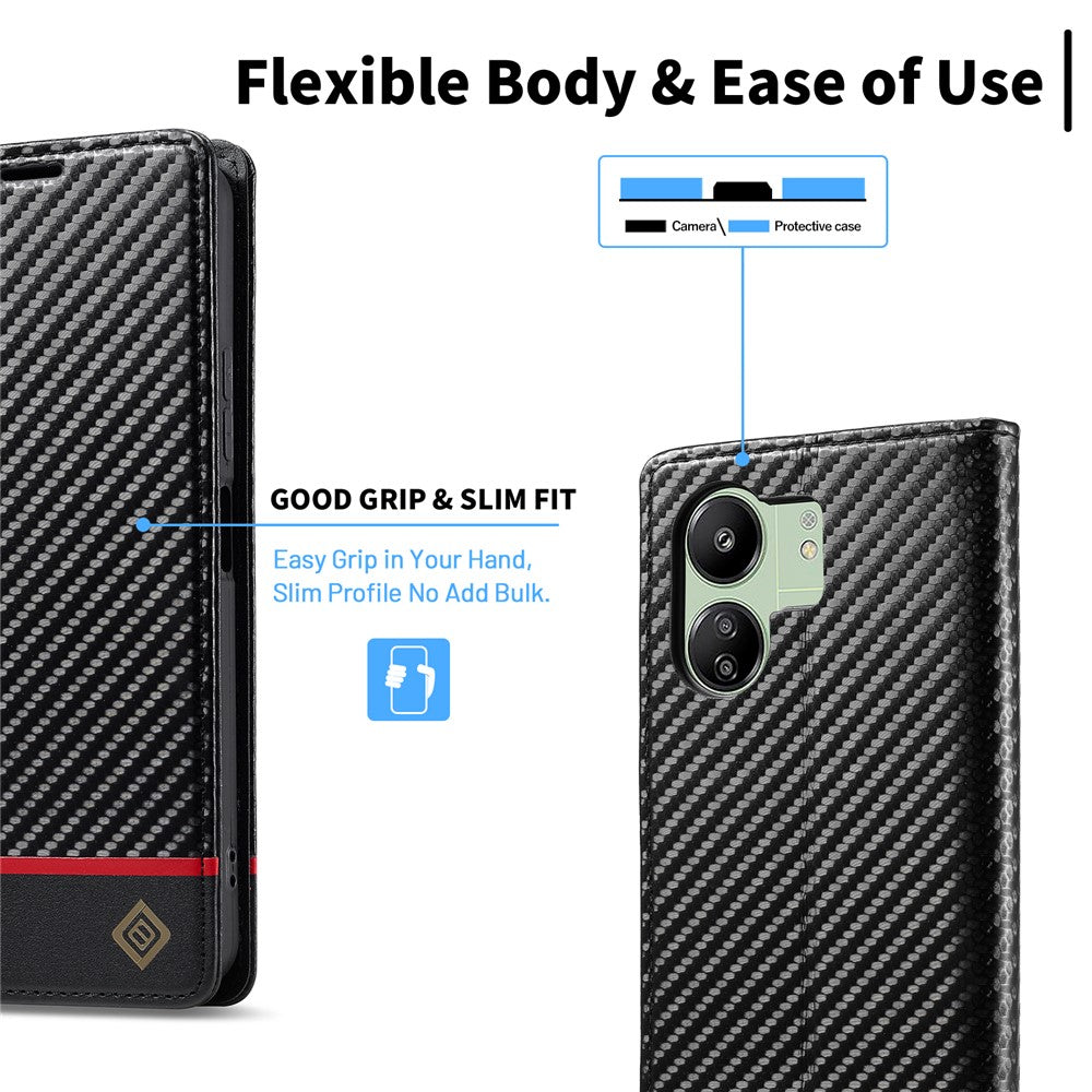 LC.IMEEKE För Xiaomi Redmi 13C 4G / 5G / 13R 5G / Poco M6 5G / Poco C65 4G Plånboksfodral PU-läder Kolfibertextur mobilskal