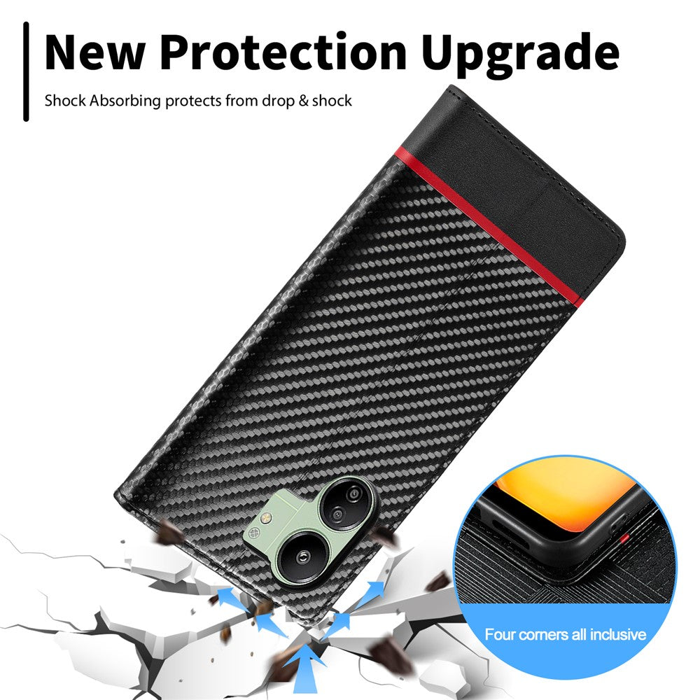 LC.IMEEKE För Xiaomi Redmi 13C 4G / 5G / 13R 5G / Poco M6 5G / Poco C65 4G Plånboksfodral PU-läder Kolfibertextur mobilskal