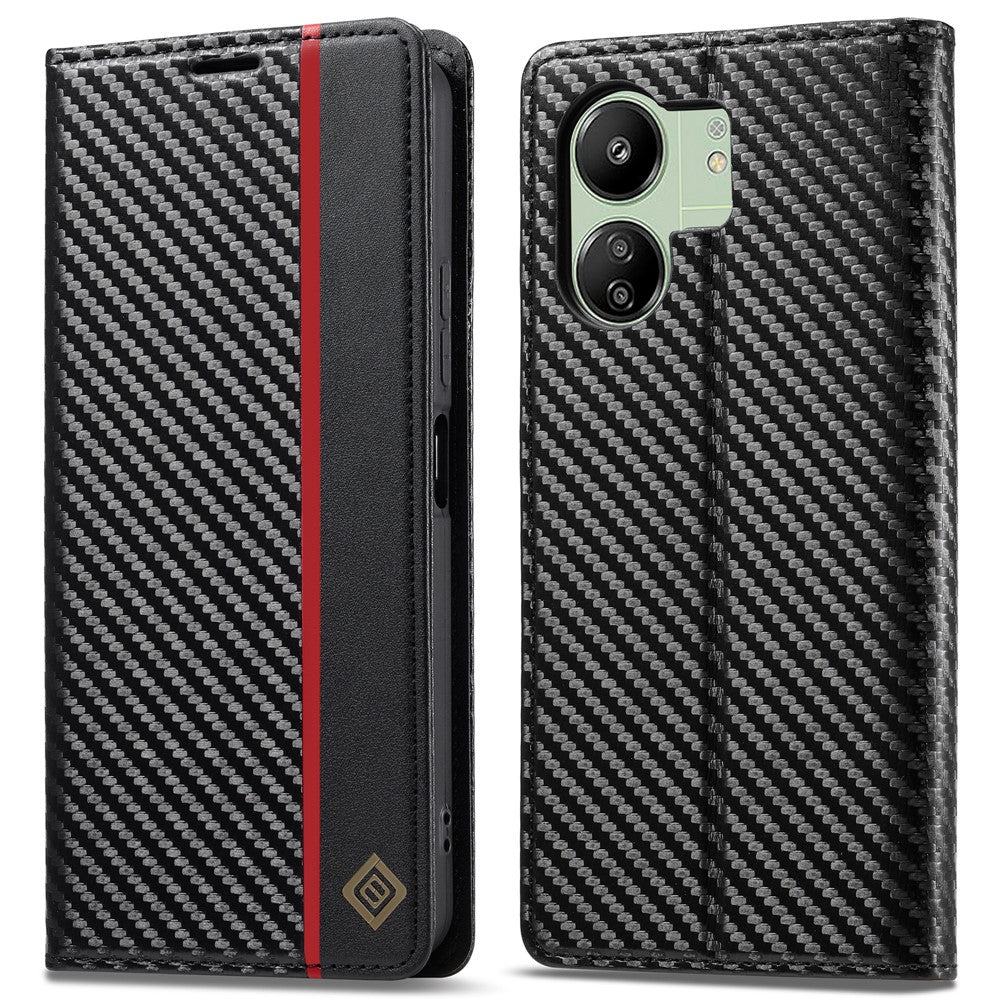 LC.IMEEKE För Xiaomi Redmi 13C 4G / 5G / 13R 5G / Poco M6 5G / Poco C65 4G Plånboksfodral PU-läder Kolfibertextur mobilskal
