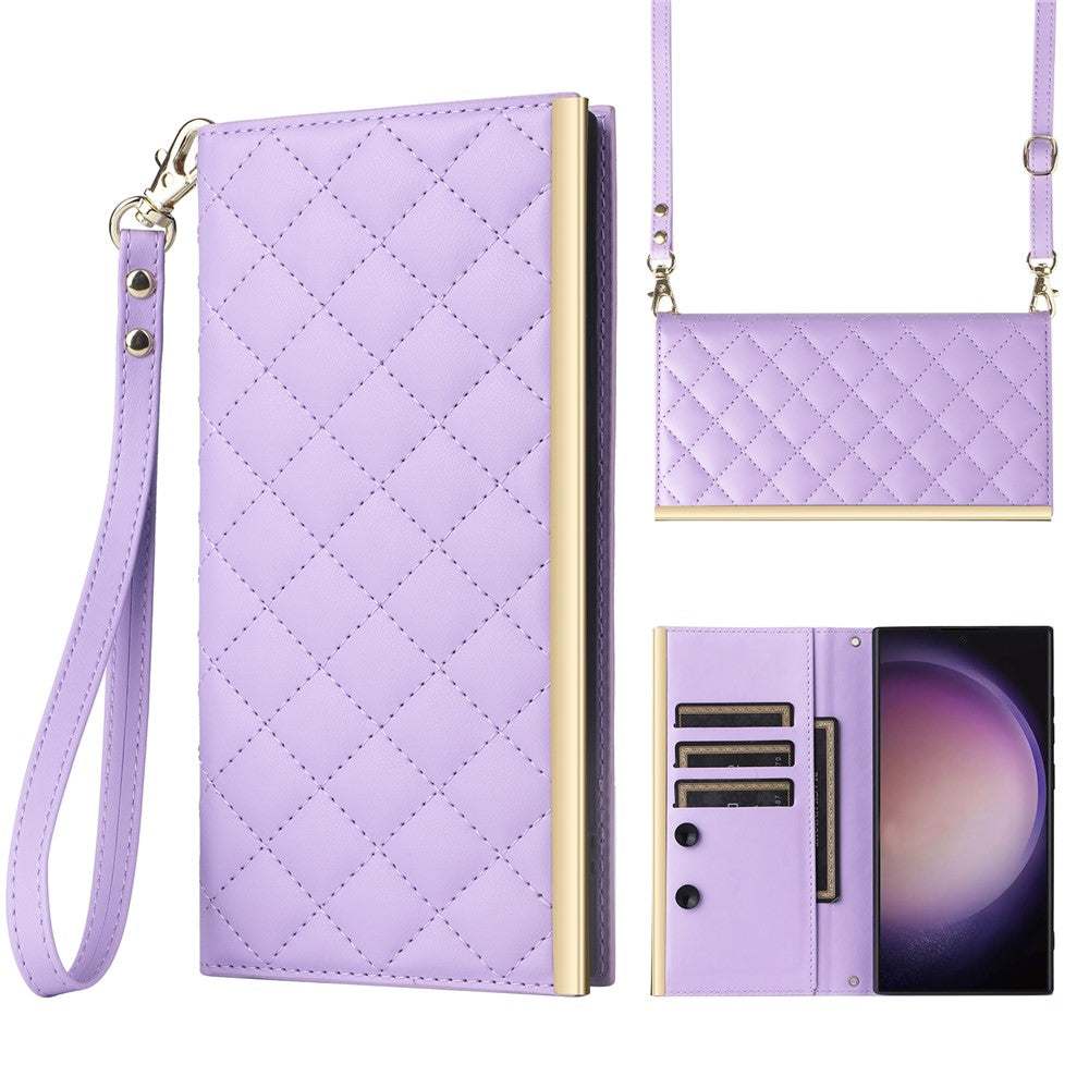 For Samsung Galaxy S24 Ultra Suction Cup PU Leather Phone Case Stand Wallet Phone Cover Shoulder Bag