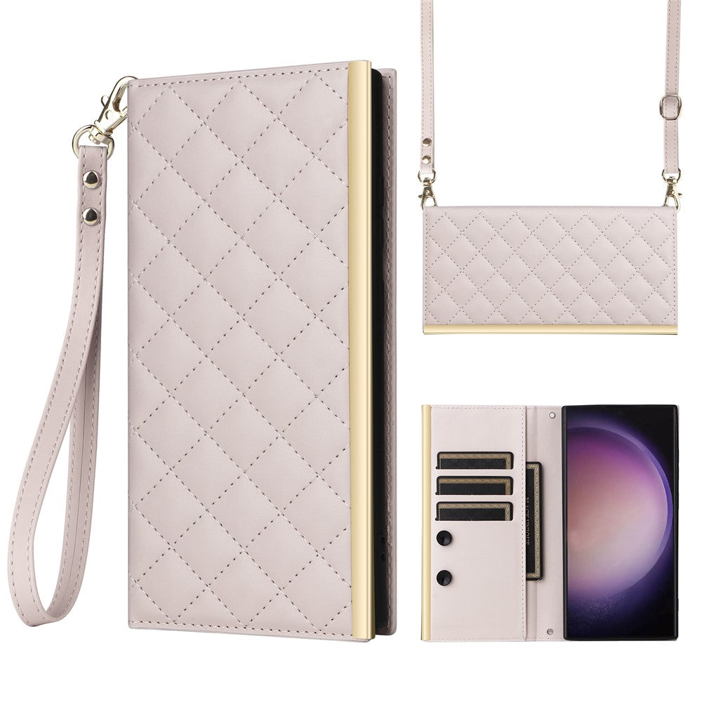 For Samsung Galaxy S24 Ultra Suction Cup PU Leather Phone Case Stand Wallet Phone Cover Shoulder Bag