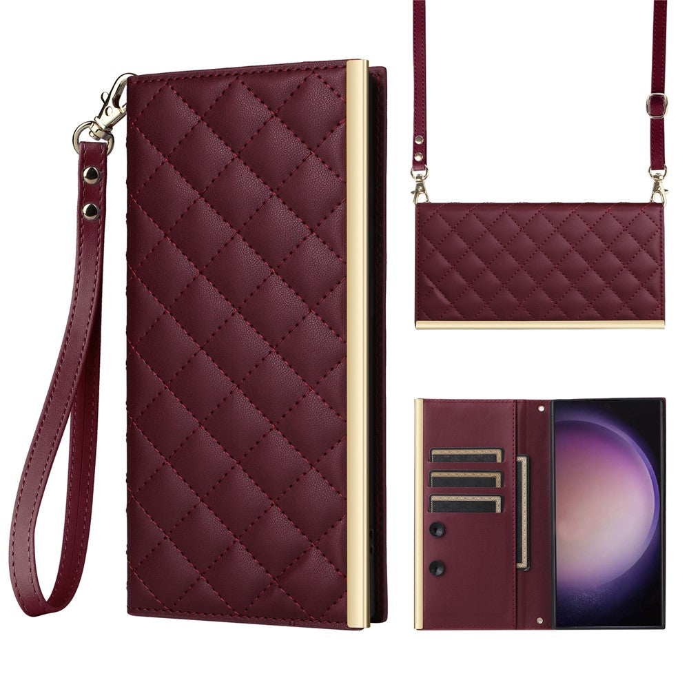 For Samsung Galaxy S24 Ultra Suction Cup PU Leather Phone Case Stand Wallet Phone Cover Shoulder Bag
