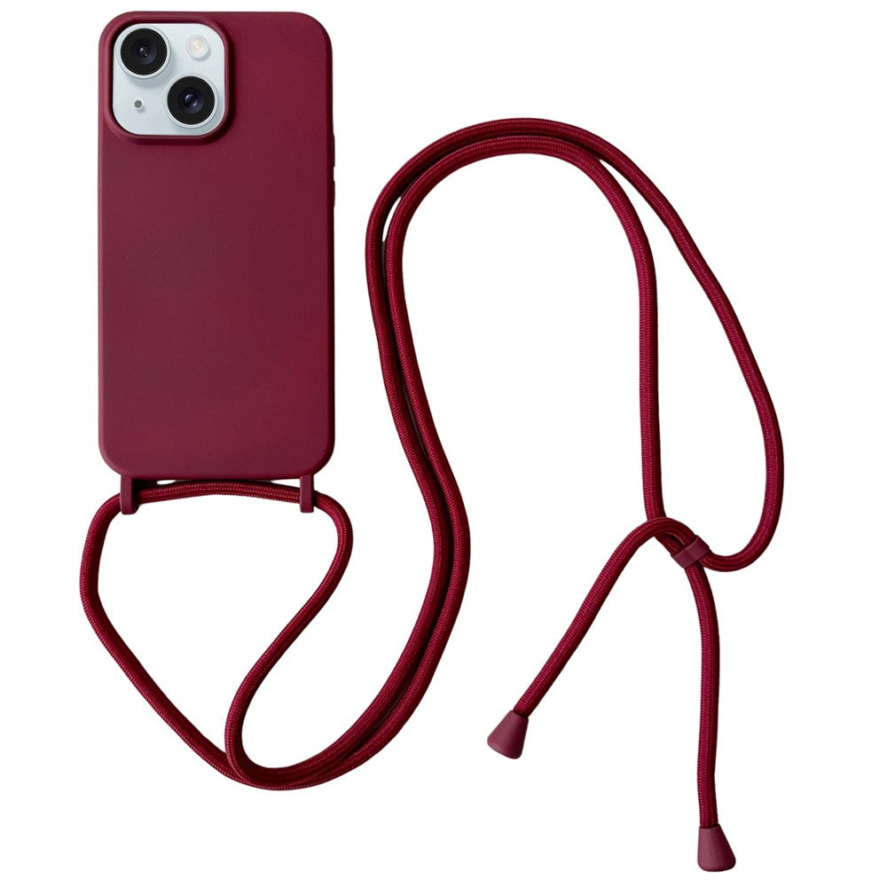 For iPhone 15 Plus Case Hands-Free Liquid Silicone Phone Cover with Lanyard Rope