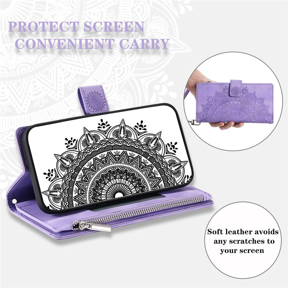 For Xiaomi Redmi Note 13 4G Case Mandala Imprinted Zipper Pocket Flip Leather Phone Cover with Strap