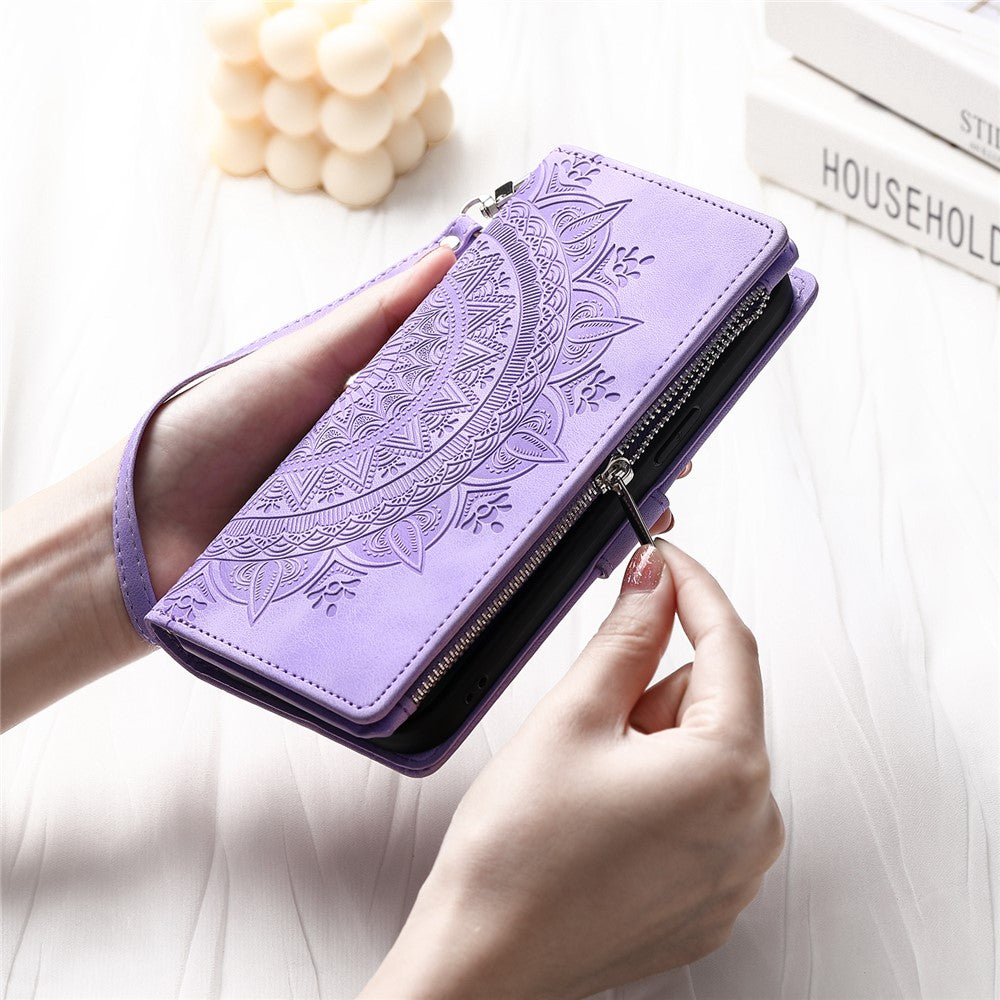 For Xiaomi Redmi Note 13 4G Case Mandala Imprinted Zipper Pocket Flip Leather Phone Cover with Strap