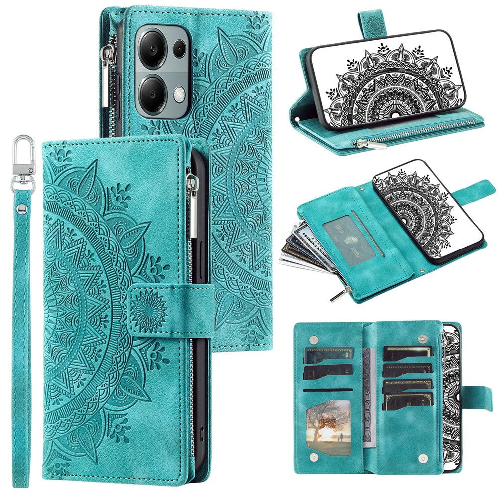 For Xiaomi Redmi Note 13 4G Case Mandala Imprinted Zipper Pocket Flip Leather Phone Cover with Strap