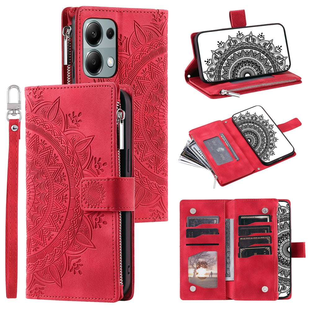 For Xiaomi Redmi Note 13 4G Case Mandala Imprinted Zipper Pocket Flip Leather Phone Cover with Strap