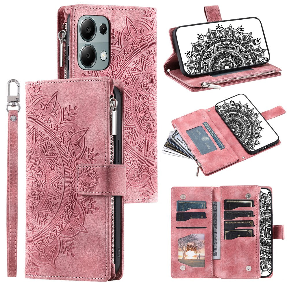 For Xiaomi Redmi Note 13 4G Case Mandala Imprinted Zipper Pocket Flip Leather Phone Cover with Strap