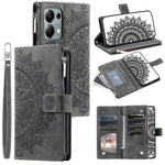 For Xiaomi Redmi Note 13 4G Case Mandala Imprinted Zipper Pocket Flip Leather Phone Cover with Strap