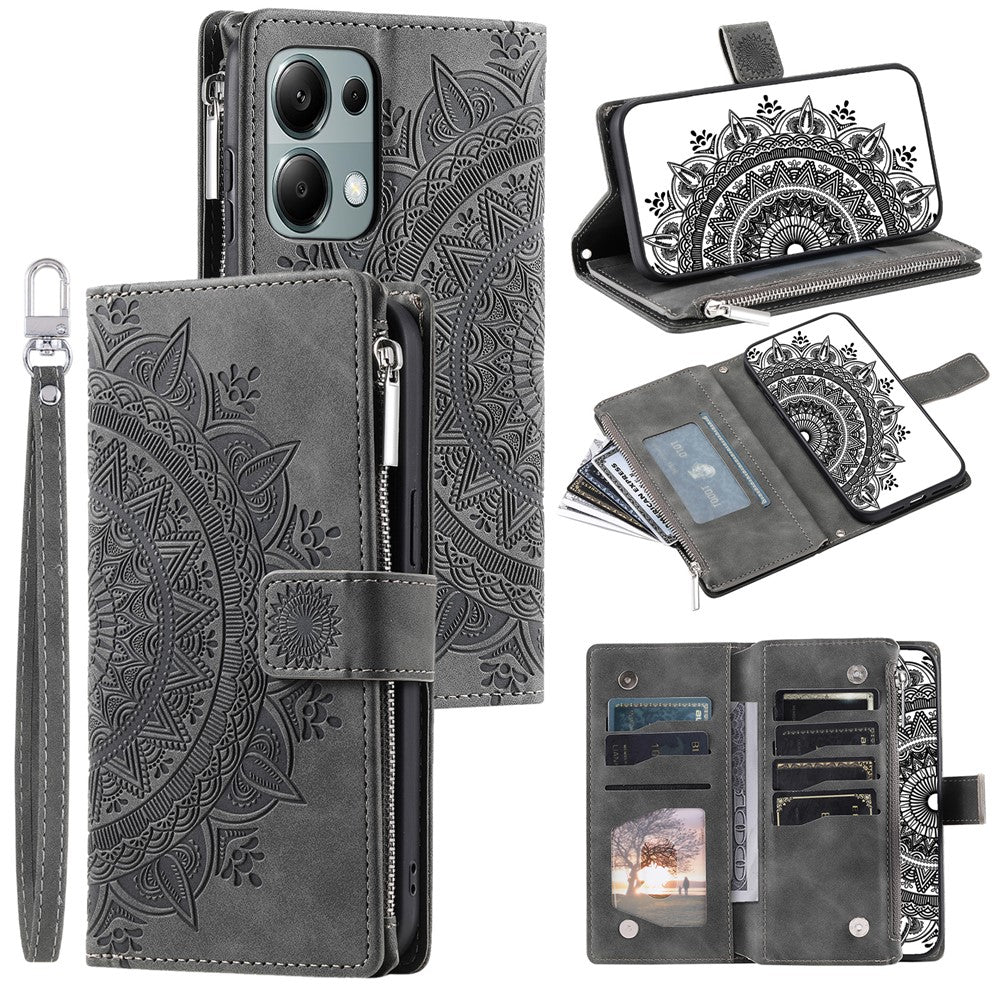 For Xiaomi Redmi Note 13 4G Case Mandala Imprinted Zipper Pocket Flip Leather Phone Cover with Strap