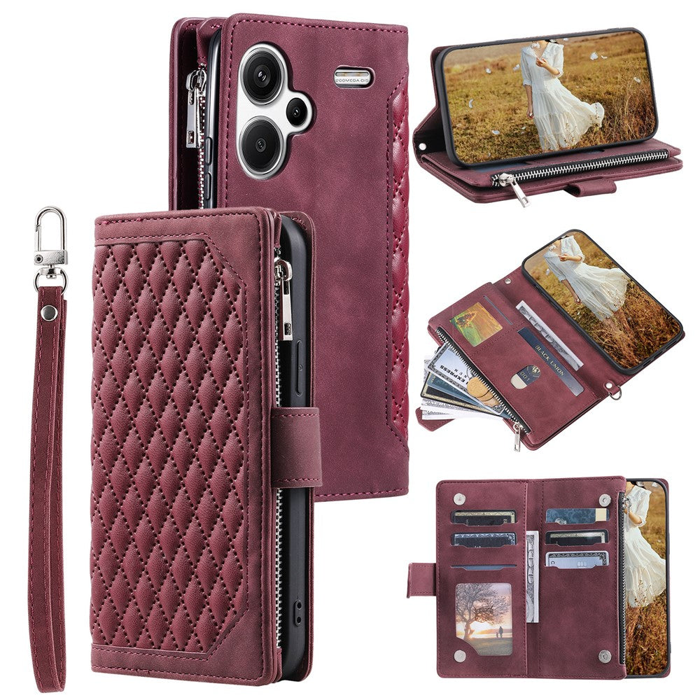 For Xiaomi Redmi Note 13 Pro+ 5G Case Zipper Pocket Flip Leather Phone Cover with Wrist Strap