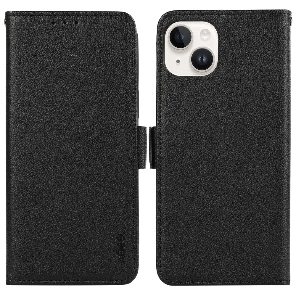 ABEEL Til iPhone 15 Plus Lædercover RFID Blokerende Pung Litchi Tekstur Telefoncover