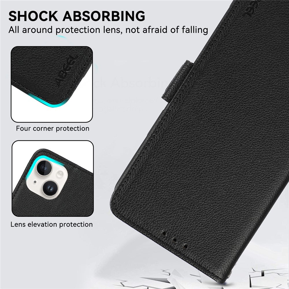 ABEEL Läderfodral för iPhone 15 Plus, RFID-blockerande plånbok, litchitexturerat mobilfodral