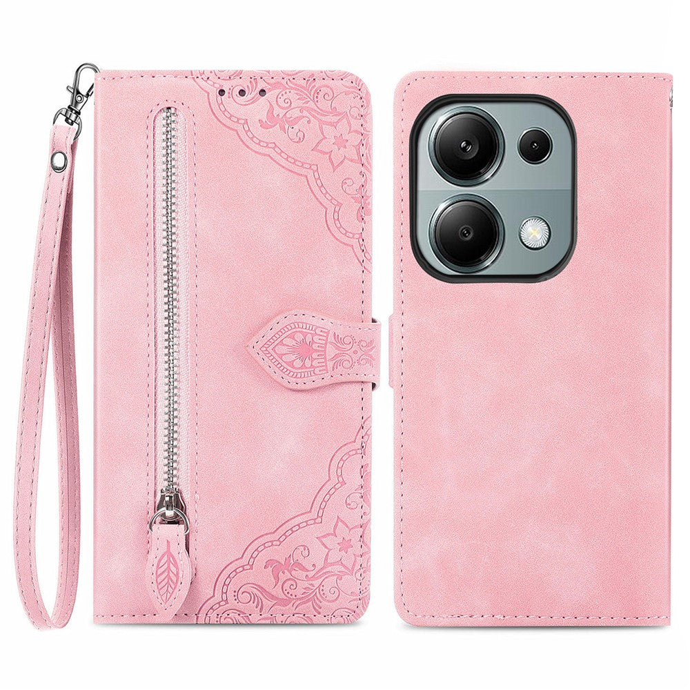 For Xiaomi Redmi Note 13 Pro 4G / Poco M6 Pro 4G Zipper Wallet Case with Strap Flower Imprint PU Leather Phone Cover