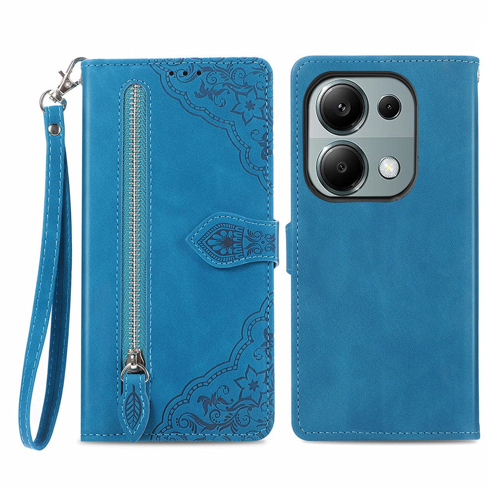 For Xiaomi Redmi Note 13 Pro 4G / Poco M6 Pro 4G Zipper Wallet Case with Strap Flower Imprint PU Leather Phone Cover