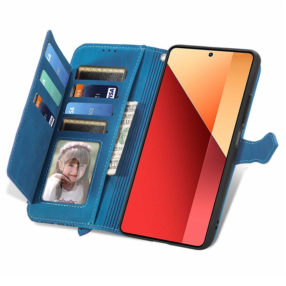 For Xiaomi Redmi Note 13 Pro 4G / Poco M6 Pro 4G Zipper Wallet Case with Strap Flower Imprint PU Leather Phone Cover