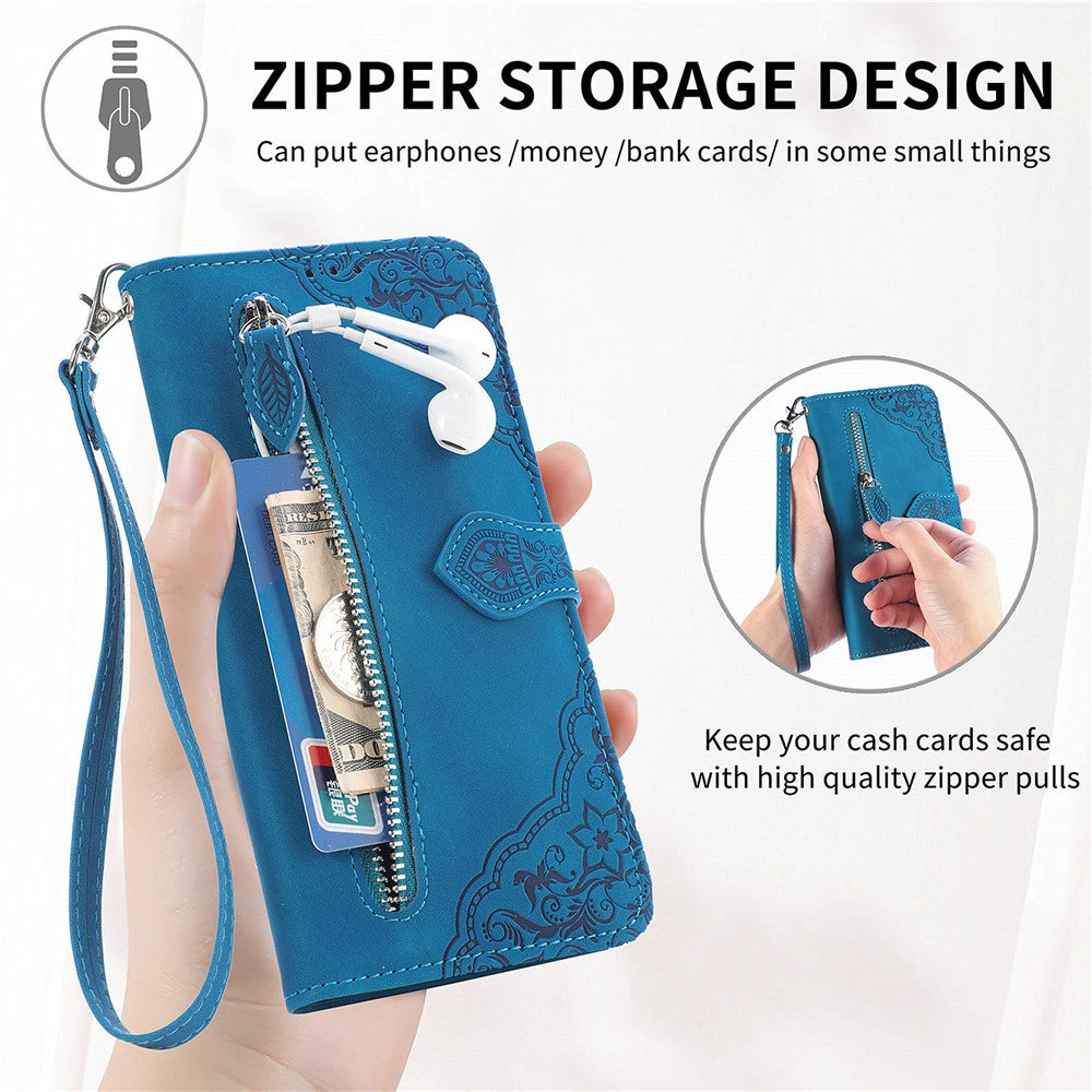 For Xiaomi Redmi Note 13 Pro 4G / Poco M6 Pro 4G Zipper Wallet Case with Strap Flower Imprint PU Leather Phone Cover