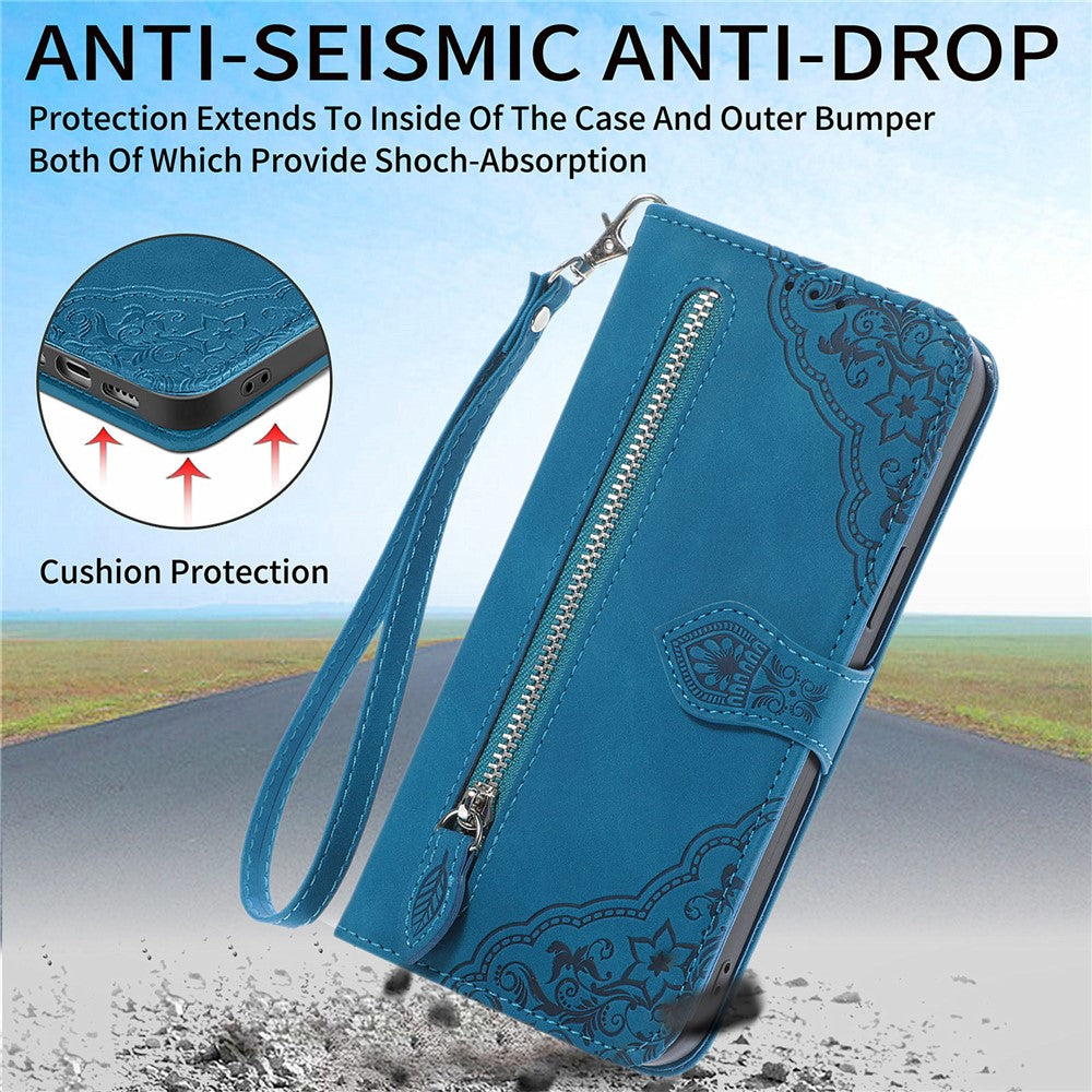 For Xiaomi Redmi Note 13 Pro 4G / Poco M6 Pro 4G Zipper Wallet Case with Strap Flower Imprint PU Leather Phone Cover