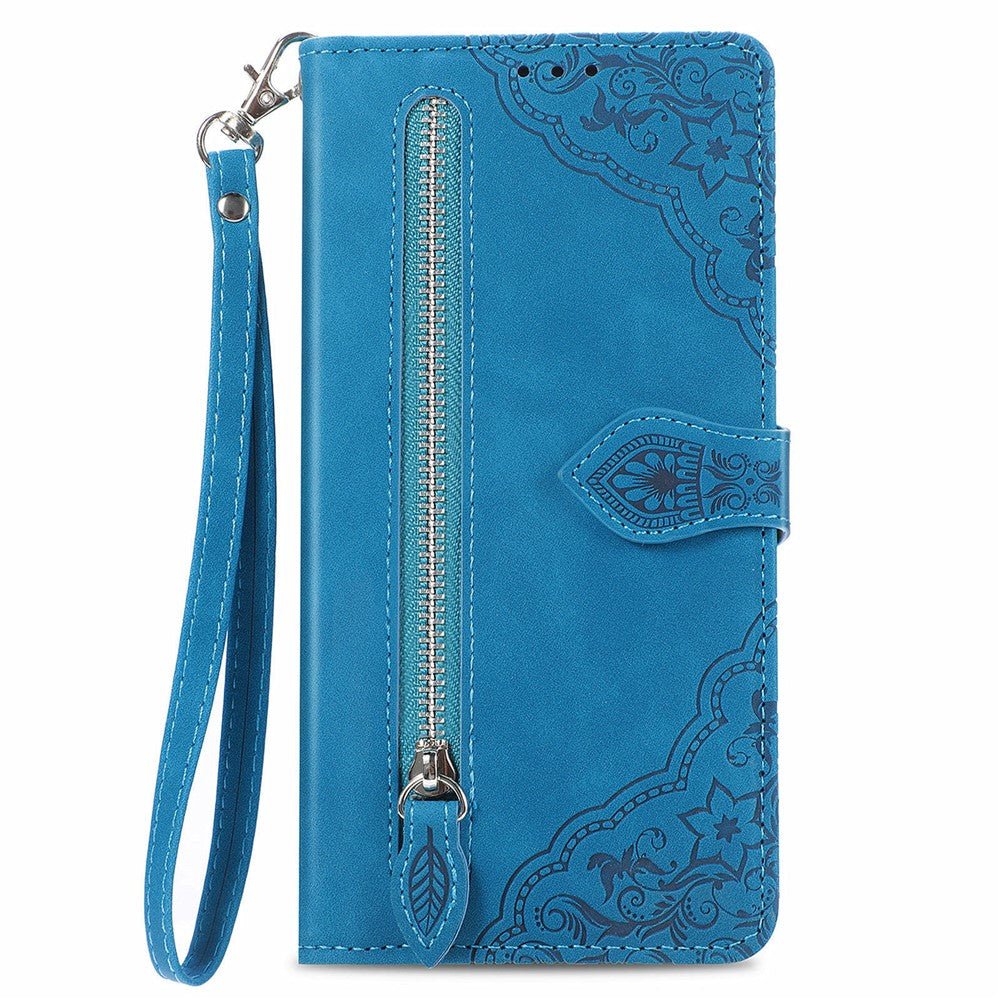 For Xiaomi Redmi Note 13 Pro 4G / Poco M6 Pro 4G Zipper Wallet Case with Strap Flower Imprint PU Leather Phone Cover