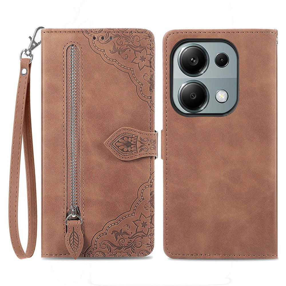 For Xiaomi Redmi Note 13 Pro 4G / Poco M6 Pro 4G Zipper Wallet Case with Strap Flower Imprint PU Leather Phone Cover