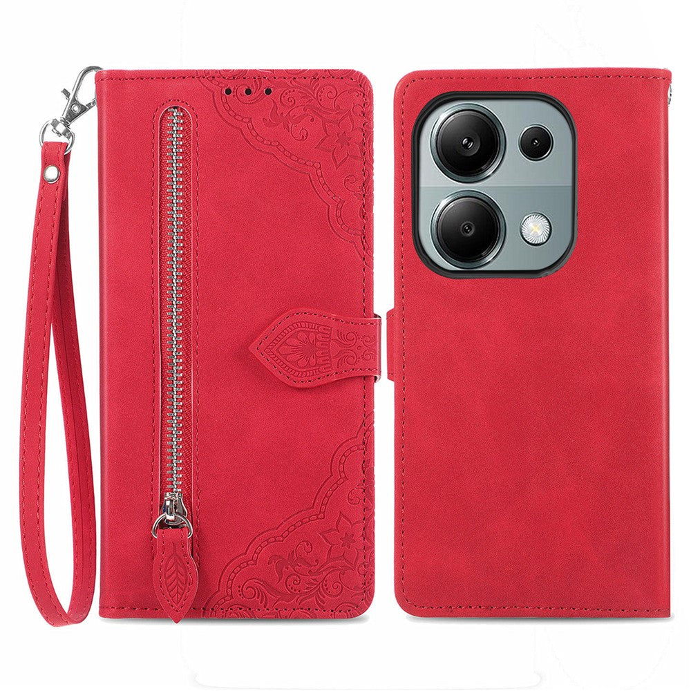 For Xiaomi Redmi Note 13 Pro 4G / Poco M6 Pro 4G Zipper Wallet Case with Strap Flower Imprint PU Leather Phone Cover