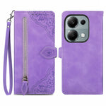 For Xiaomi Redmi Note 13 Pro 4G / Poco M6 Pro 4G Zipper Wallet Case with Strap Flower Imprint PU Leather Phone Cover