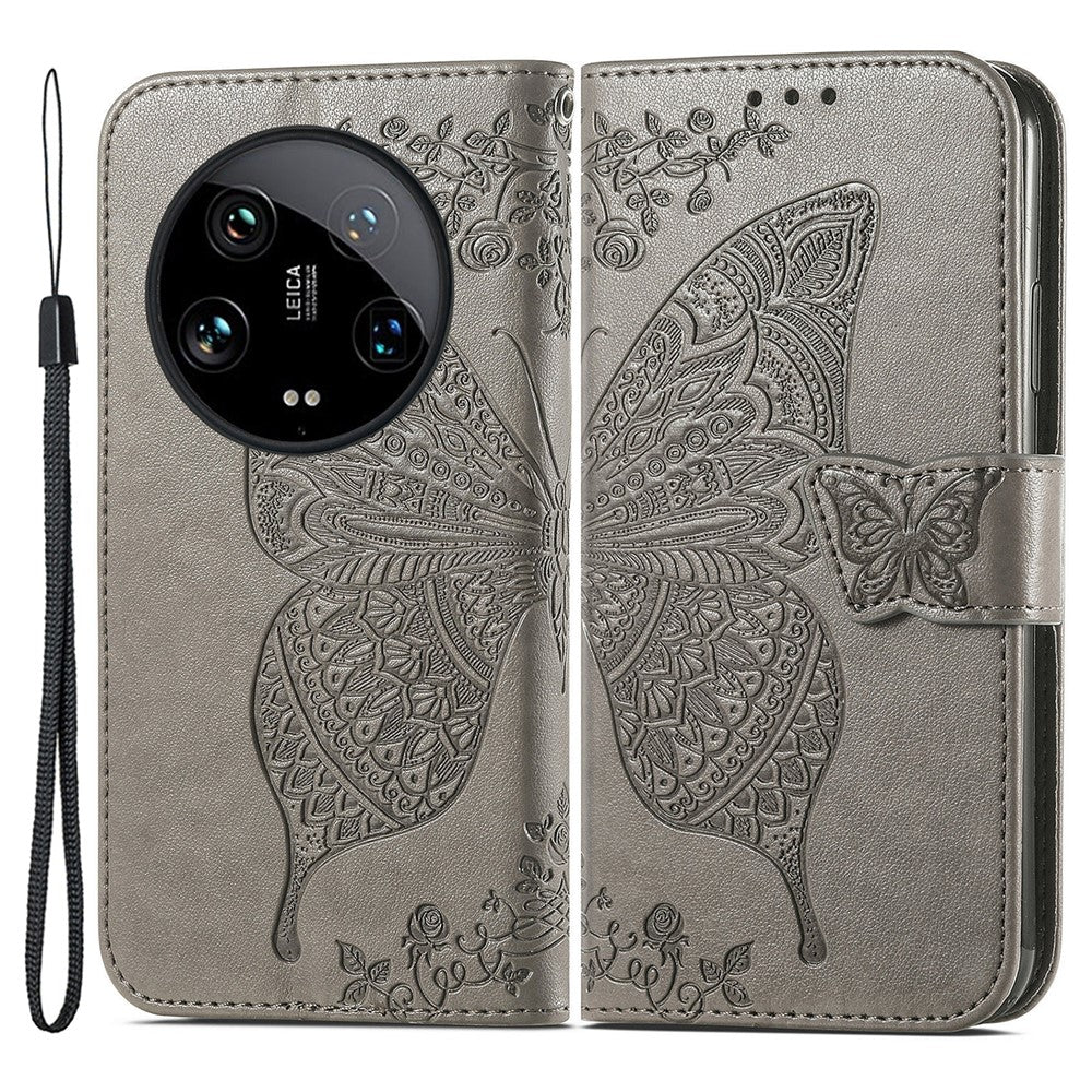 For Xiaomi 14 Ultra PU Leather Case Imprint Butterfly Flower Phone Cover