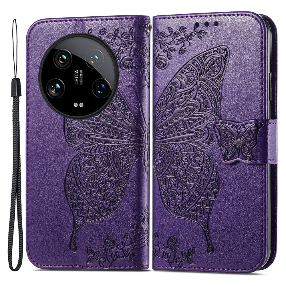 For Xiaomi 14 Ultra PU Leather Case Imprint Butterfly Flower Phone Cover