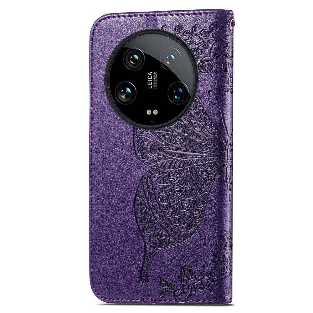 For Xiaomi 14 Ultra PU Leather Case Imprint Butterfly Flower Phone Cover