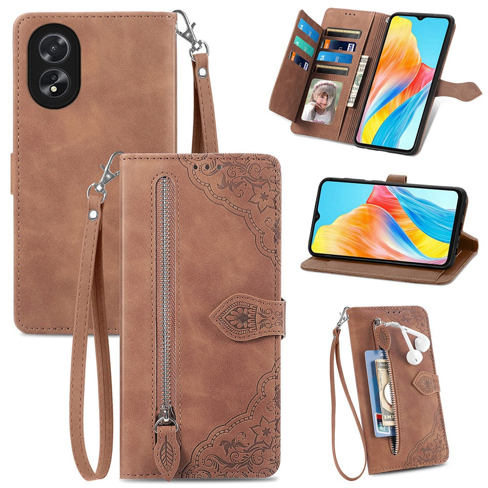 For Oppo A38 4G / A18 4G Zipper Wallet Case with Strap Flower Imprint PU Leather Phone Cover
