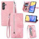 For Samsung Galaxy A15 4G / 5G Zipper Wallet Case with Strap Flower Imprint PU Leather Phone Cover