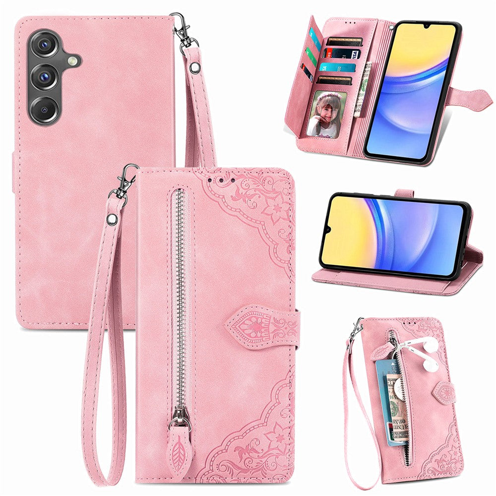 For Samsung Galaxy A15 4G / 5G Zipper Wallet Case with Strap Flower Imprint PU Leather Phone Cover